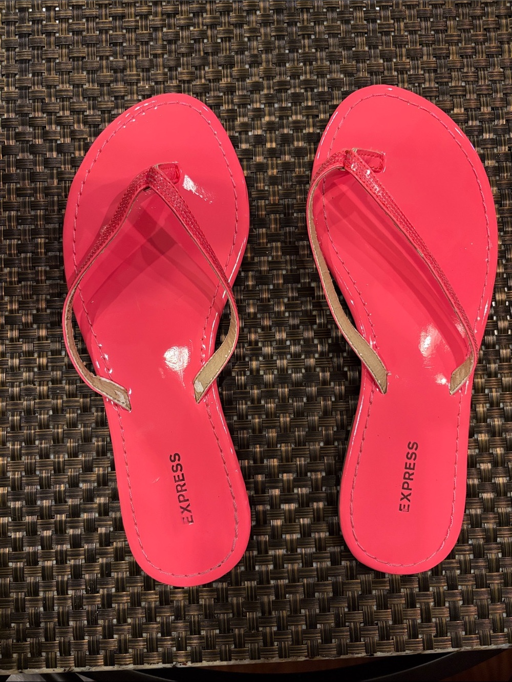 Express Hot Pink Patent Thong Sandals with Metallic Accents